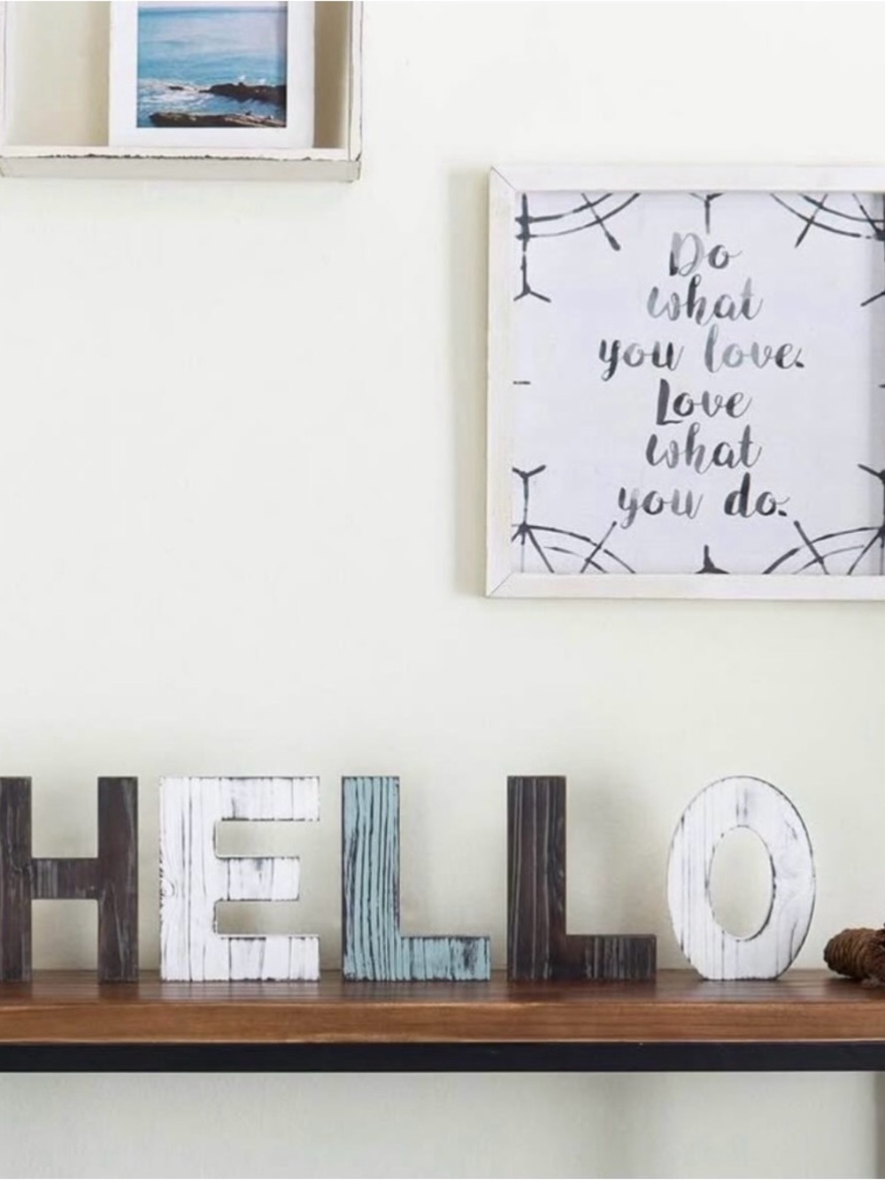Rustic HELLO Wooden Letter Set in White, Brown & Light Blue